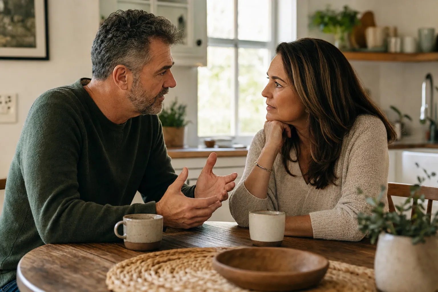 A couple listening carefully to each other during a serious conversation
