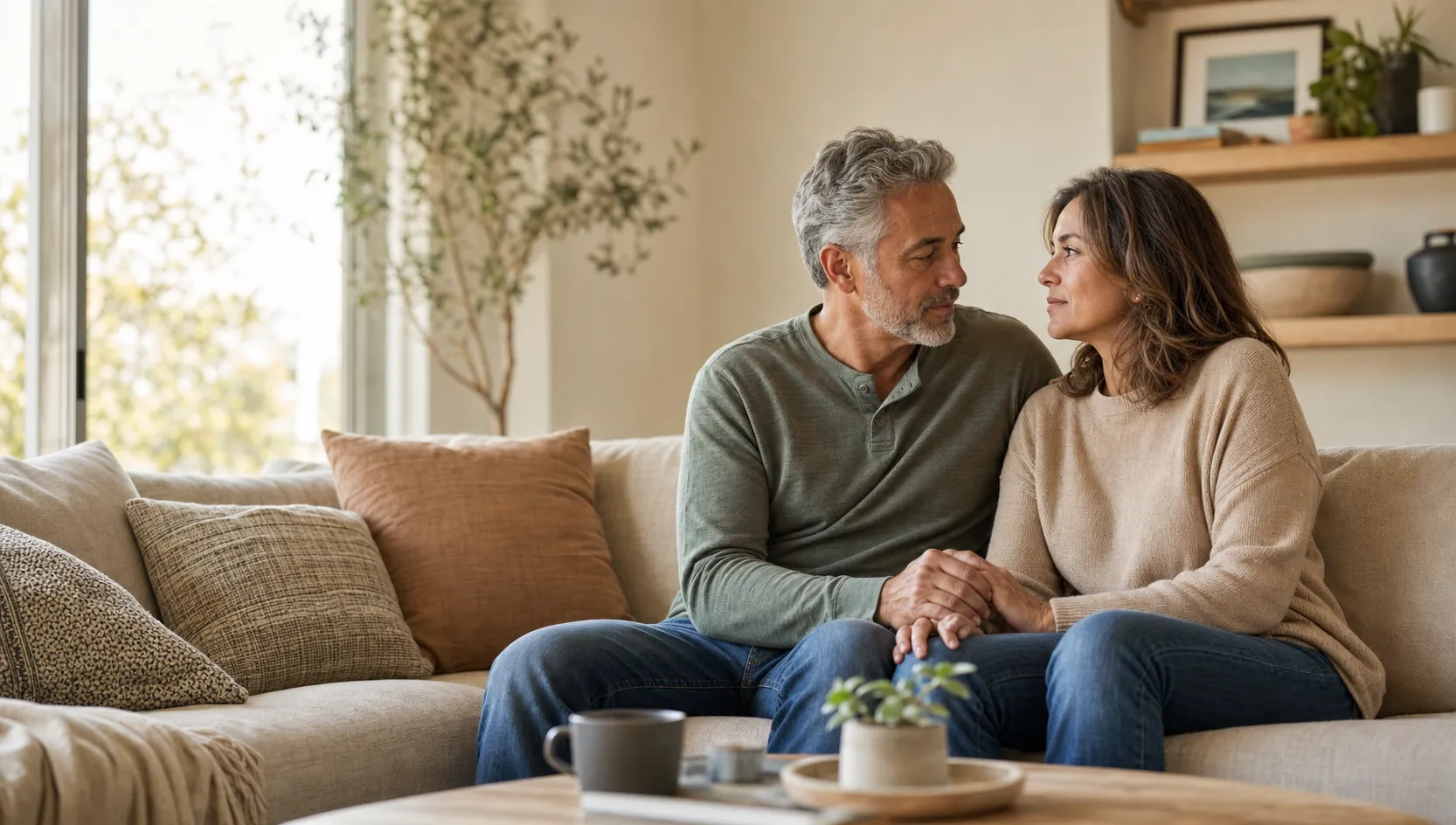 A mature married couple reconnecting on a sofa during a quiet conversation