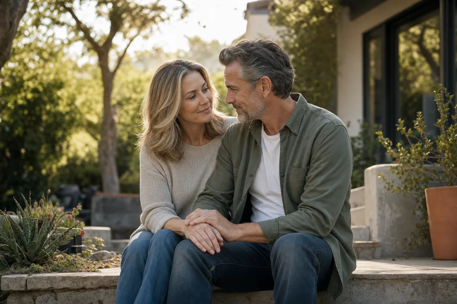 A mature couple sitting close with calm renewed connection