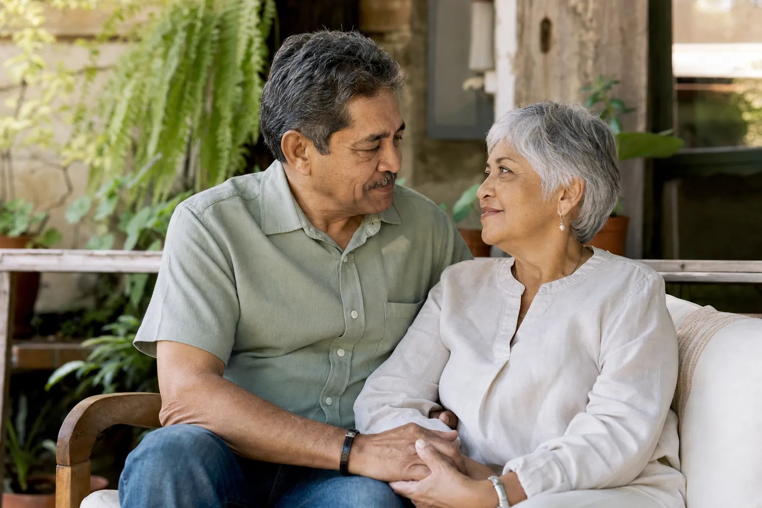 An older Latino couple sitting close together outdoors with calm affection